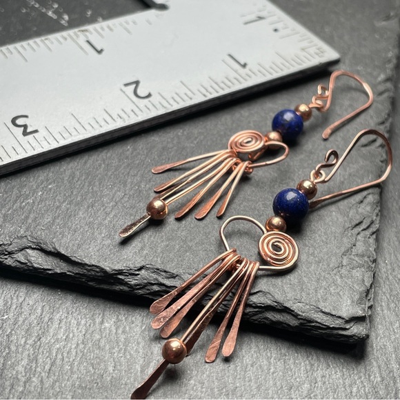 Genuine Blue Lapiz Lazuli Beaded Fringe Copper Earrings Artisan Designed - Picture 14 of 15